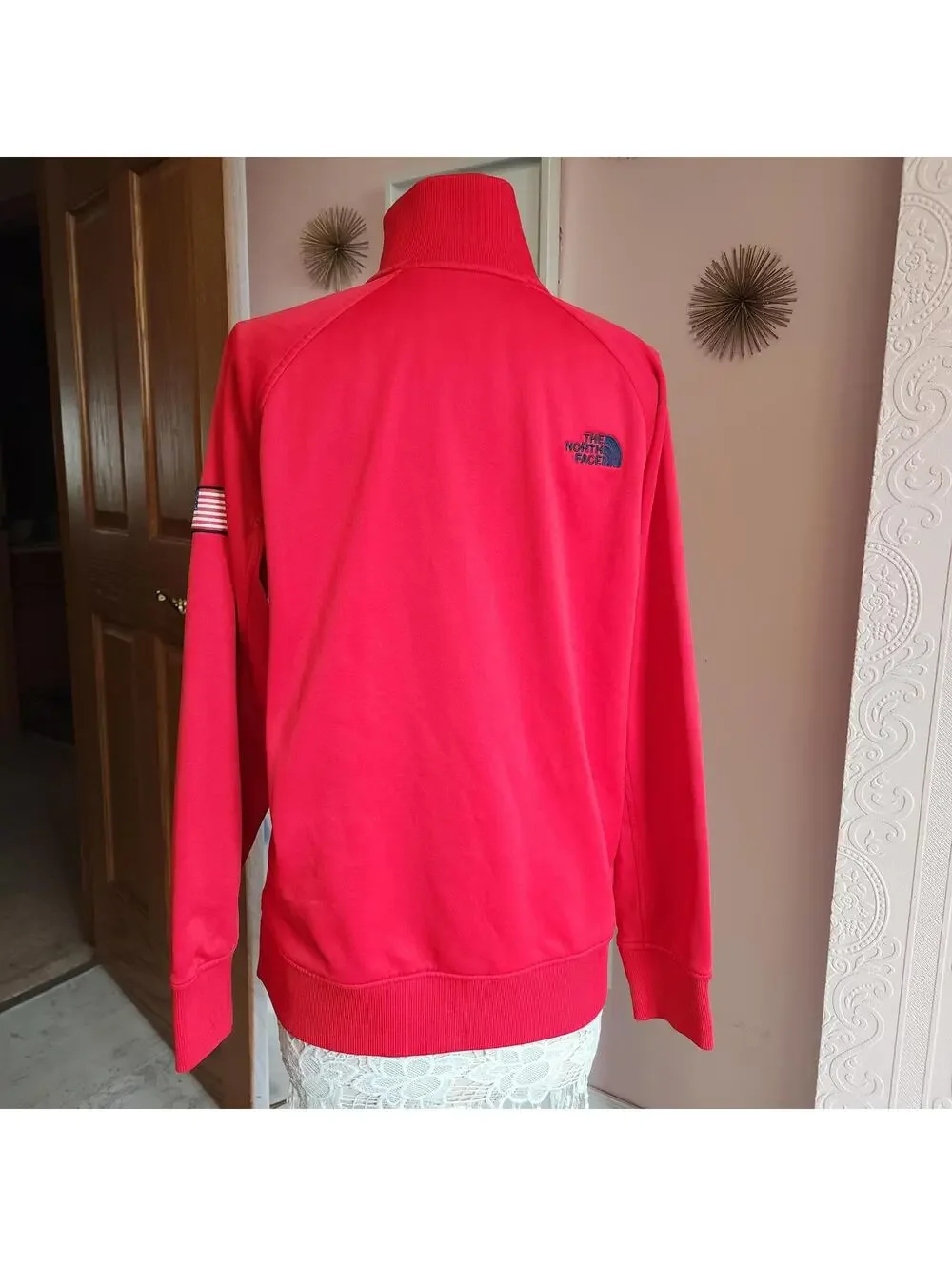 Flawless North Face Tech Mens Red zip jacket with flag patch on arm M